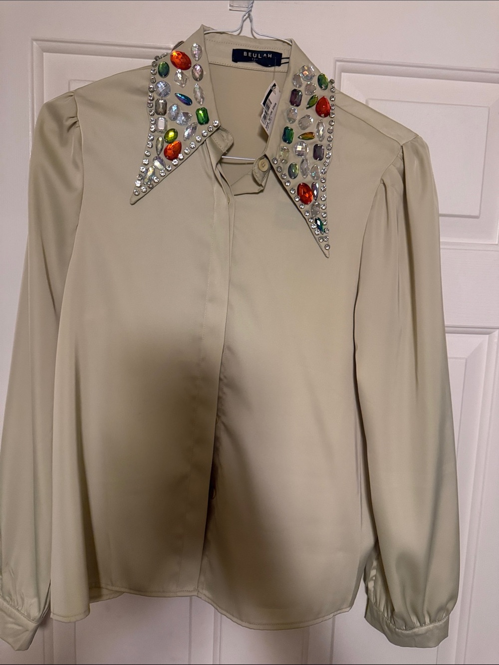 Beulah Cream Button-Down Blouse with Multicolored Jeweled Collar
